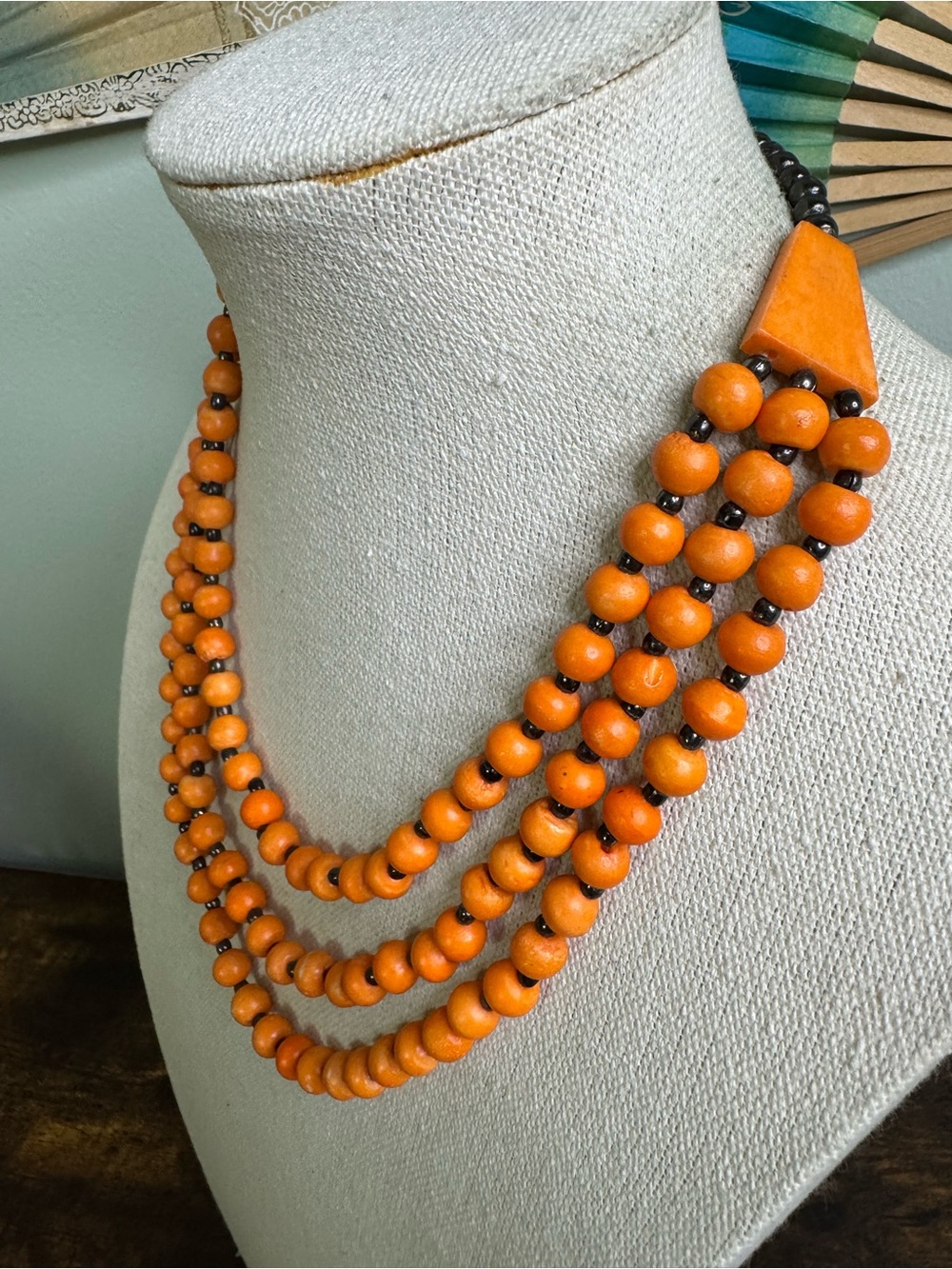 Vintage Orange Multi-Strand Wooden Bead Necklace